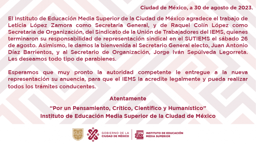 Mensaje del IEMS a su comunidad